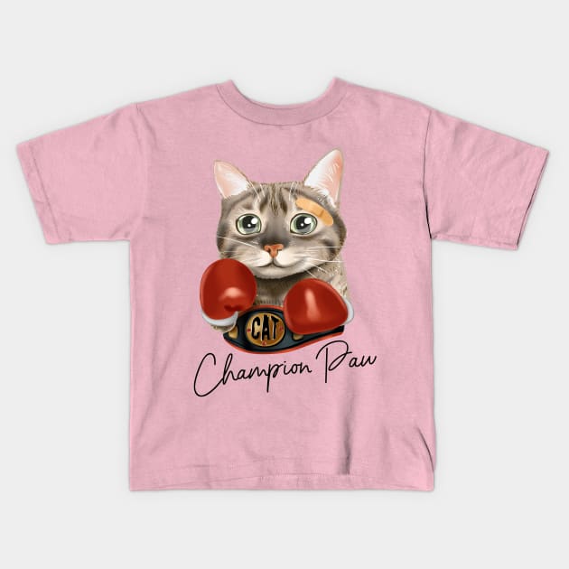 cat with boxing gloves and champion belt Kids T-Shirt by stark.shop